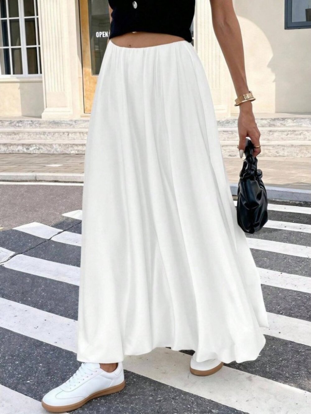 White Flowy A-Line Asymmetric Maxi Skirt with Elastic Waist